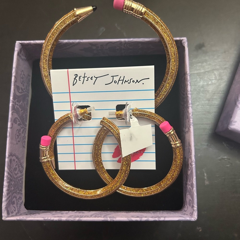Betsey Johnson Glittering Gold and Pink Hoop Earrings